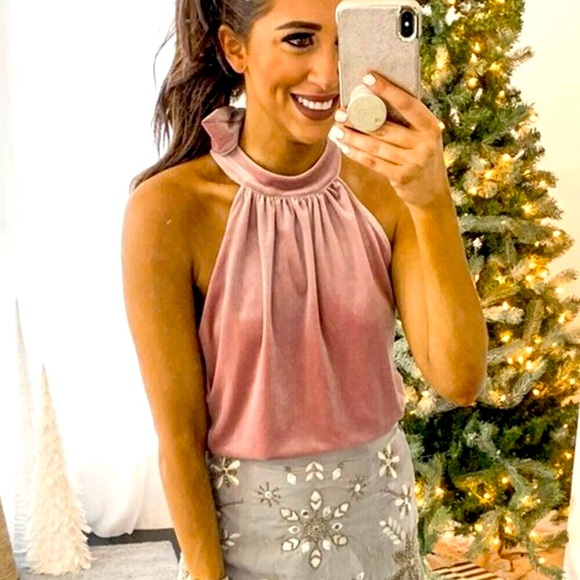 NWT Sz L Gibson X Glam The Motherchic Pink Velvet Halter Tie Top - Picture 2 of 11